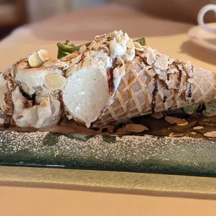 Scott's Black and Tan:  Pizzelle Cone, Mocha Almond Fudge and Vanilla Ice Cream, Toasted Almonds