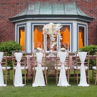 Our tables can go from rustic to elegant!  These gold chiavari (rented from a different company) pair beautiful with our tables.