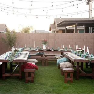3 farm table and bench set rentals for this backyard dinner party in Gilbert AZ.