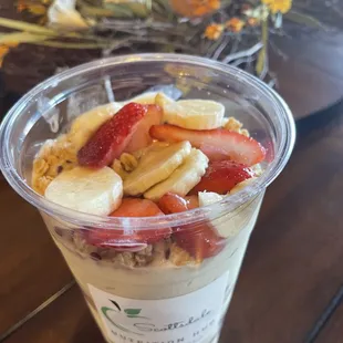 Banana cream pie protein shake with toppings