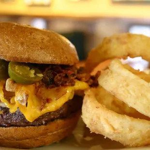 a cheeseburger and onion rings