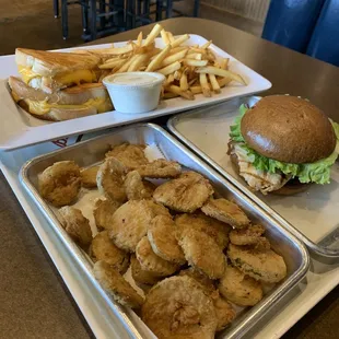 Grilled cheese, fries, fried pickles, chicken BLT