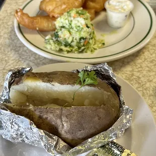 a hot dog and a baked potato