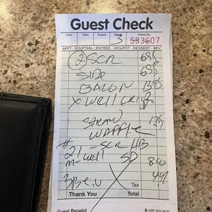 Bill for eggs w bacon, waffles, the burger w eggs breakfast