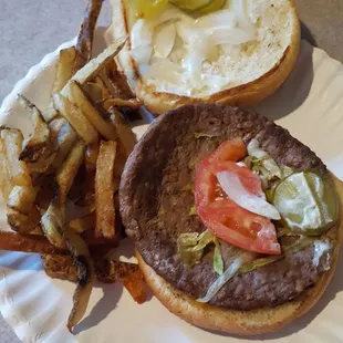 Scott burger with everything. Had a dried up fried mushroom mixed in the fries. 2 smashed double cheeseburgers and a drink..$14