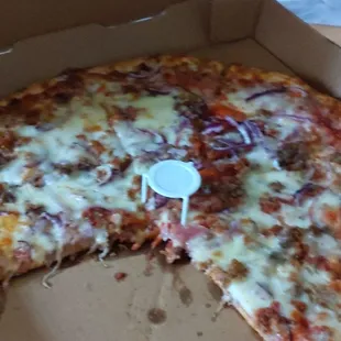 Large meat pizza with onions