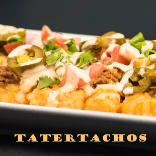 Tatertachos - Tater tots covered in spicy Pulled Pork, Tomatoes, Red &amp; Green    Onions, Bacon, Queso and Jalapeno Ranch.  Topped w/Cilantro