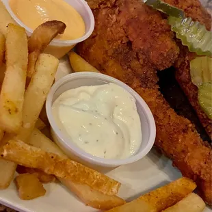 Nashville chicken tinders. Tasty but slightly over cooked. Great fries.