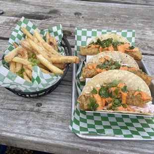 Truffle fries and fish tacos