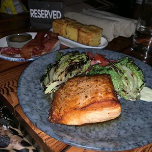 Maple glazed salmon ($21) and Jalepeno Cornbread ($6)