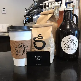 Gift cards, growlers of cold brew coffee, and bags of whole bean or ground coffee available