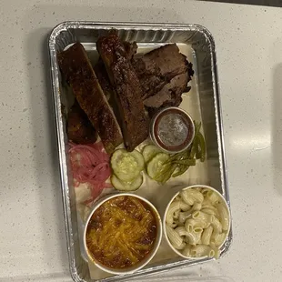 2 Meat Plate with ribs, brisket, chili beans, and Mac and cheese