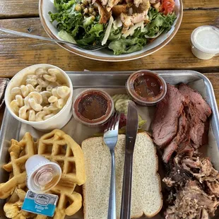 Chicken chopped salad and 2 meat plate. Sides were Mac n queso and a cornbread waffle.