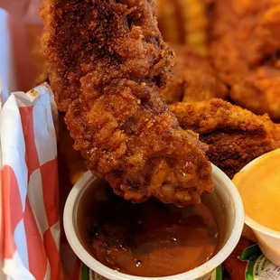 Chicken Tender dipped in Maple Syrup. Tenders are $8 alone, $10 with fries. Syrup is $1.