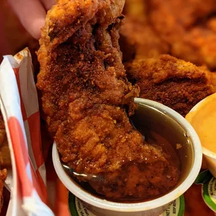 Chicken Tender dipped in Maple Syrup. Tenders are $8 alone, $10 with fries. Syrup is $1.