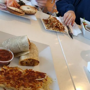 Costa Burrito, chicken salad and salmon bagel