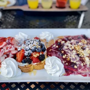 Mix in match! Red velvet French toast, very berry french toast and a blueberry danish pancake. Yum!