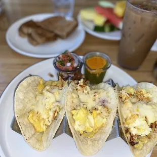 Juan's Breakfast Tacos &amp; iced Oatmilk latte, toast &amp; fruit.