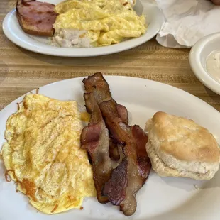 Biscuits and gravy w/ Ham &amp; eggs.  And scrambled eggs, bacon &amp; biscuit.