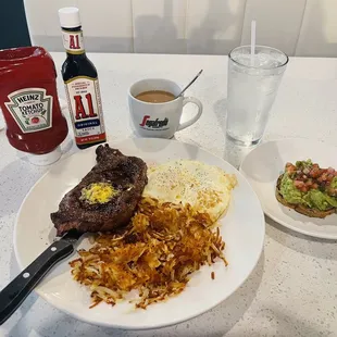 Ribeye and eggs, hashbrowns crispy and avocado toast_ (the BEFORE pic)