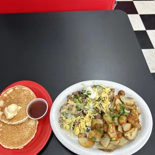 Fresh Spinach Scramble with Pancakes