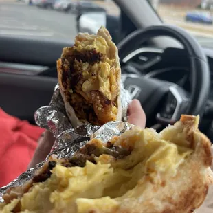 Sandwich,sausage &amp; hollandaise sauce AND Burrito, sausage &amp; spicy scramble