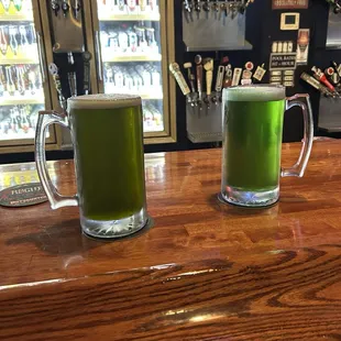 Mine is the Bootlegger's Far Out (Thai Tea) IPA on the left and my boyfriend's is the Beer Zombies Broomstick Blonde on the right.