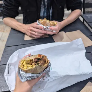 The steak breakfast burrito (special) and the breakfast sandwich (gluten free)