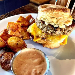Breakfast sammy on a biscuit. We couldn't tell this was all vegan. Delish!