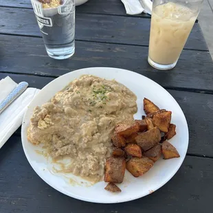 Biscuits and gravy,  cold brew white