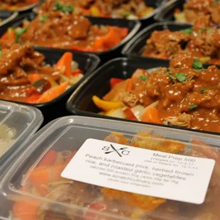 Peach BBQ pork with brown rice and garlic roasted vegetables