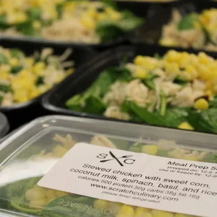 Stewed chicken with sweet corn, coconut milk and spinach