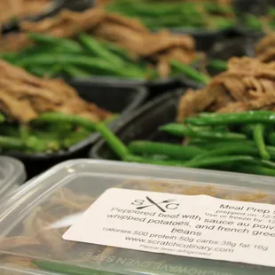 Peppered beef with sauce au poivre, whipped potato, and French green beans