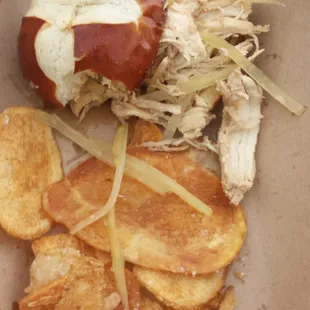 Coconut chicken slider with chips (guess they ran out of the pickled mango, papaya, carrots that make the sandwich complete)