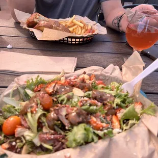 Scratch Salad with grilled chicken and balsamic dressing and pulled pork chimichurri grilled cheese.