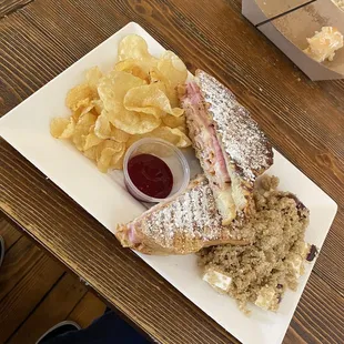 Scratch Kitchen Monte Cristo Sandwich with kettle chips and quinoa salad