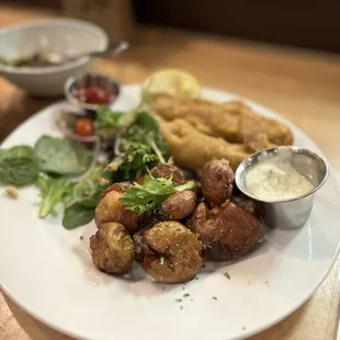 MAHI-MAHI FISH &amp; CHIPS, CRISPY SMASHED POTATOES