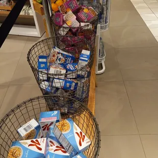 a variety of snacks in baskets