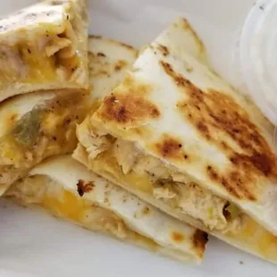 Green Chili Pepper Chicken Quesadilla, Served with Sour Cream and Homemade Salsa