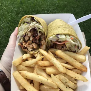 Chipotle Chicken Wrap (with light sauce and no cheese) and seasoned fries. Happiness.