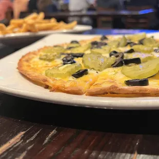 Cheese flatbread + olives and pickles