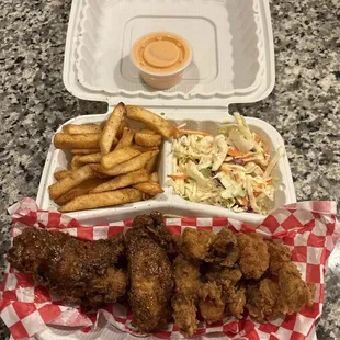 4pc Lemon pepper and 4pc Shrimp with fries and creamy coleslaw