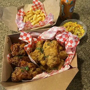 Cheat day 15 pc - Korean sweet and spicy and Thai coconut green curry. Cheesy corn