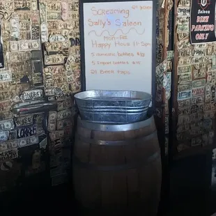 a sign in a barrel