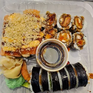 Sold out roll on the left, Sesame chicken roll top right, and shrimp tempura roll on the bottom