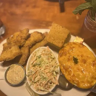 Cornmeal-Dusted Crispy Fried Catfish Screen Door Mac &amp; Cheese Creamy Coleslaw