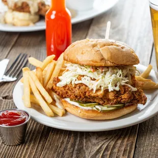Chicken Sandwich with an ice cold draft beer.