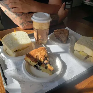 Breakfast sandwichs, apple crumb cake and blueberry cake  Yum!