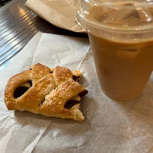 Multi berry pastry with iced coffee including chocolate milk and caramel...