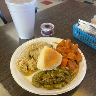 Chicken &amp; Dressing, Candied Yams, Green Beans, Cranberry Sauce, a Roll, and Sweet Tea.